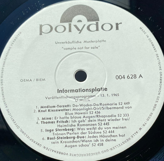 Various : Informationsplatte Veröffentlichungsprogramm - 13.1.1965 U-Musik (LP,Compilation,Promo)
