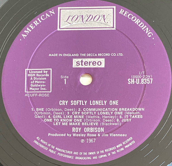Roy Orbison : Cry Softly Lonely One (LP,Album,Stereo)