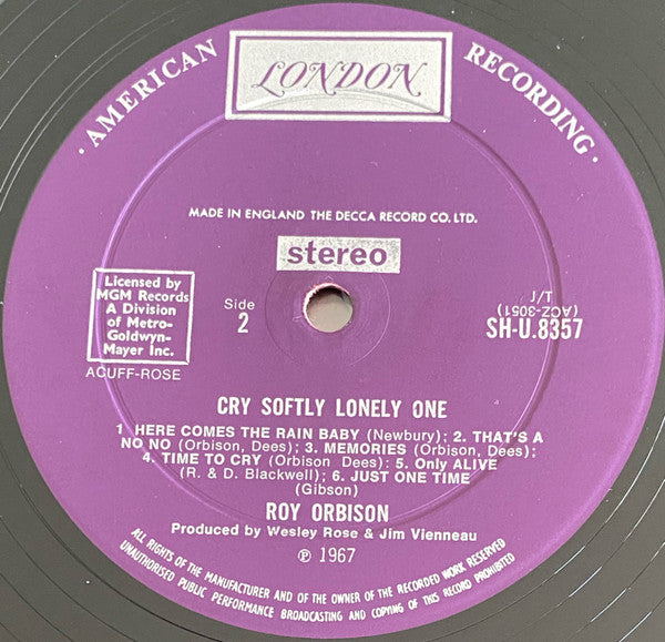 Roy Orbison : Cry Softly Lonely One (LP,Album,Stereo)