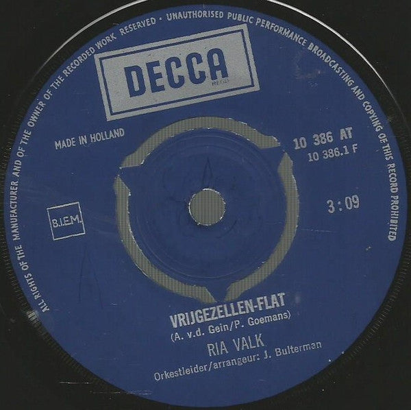 Ria Valk : Vrijgezellen-Flat / Hans En Liesje (7",45 RPM,Single,Mono)