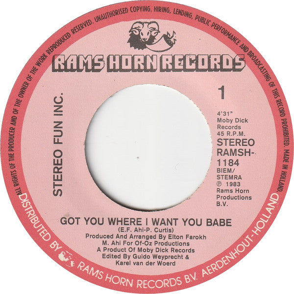 Stereo Fun Inc. : Got You Where I Want You Babe (7",45 RPM)