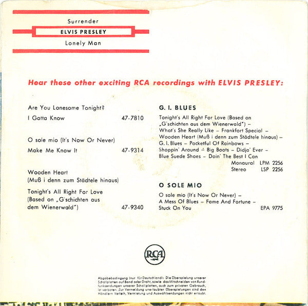 Elvis Presley : Surrender (Torna A Surriento) (7",45 RPM,Single)