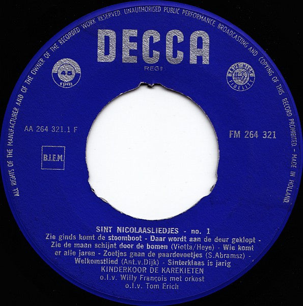 Kinderkoor De Karekieten : Sint Nicolaas Met De Karekieten (7",45 RPM)