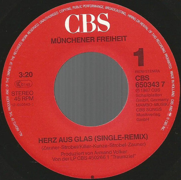 Münchener Freiheit : Herz Aus Glas (7",45 RPM,Single,Stereo)
