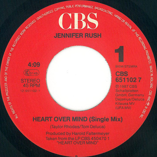 Jennifer Rush : Heart Over Mind (7",45 RPM,Single)