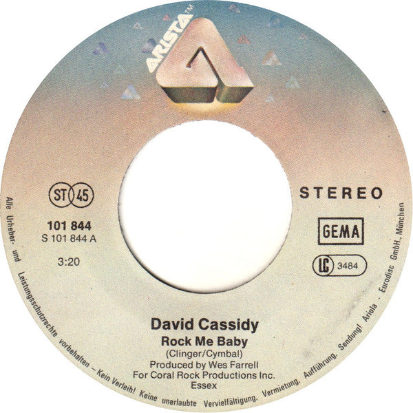 David Cassidy : Rock Me Baby / I Am A Clown (7",Single,45 RPM)