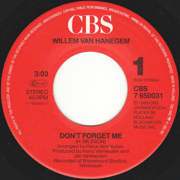 Willem van Hanegem (2) : Don't Forget Me (7",Single)