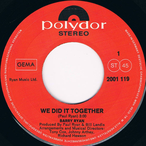 Barry Ryan : We Did It Together (7",45 RPM)