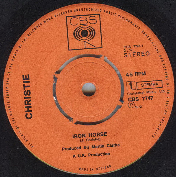 Christie : Iron Horse (7",45 RPM,Single,Stereo)