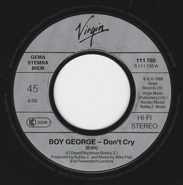 Boy George : Don't Cry (7",45 RPM,Single,Stereo)