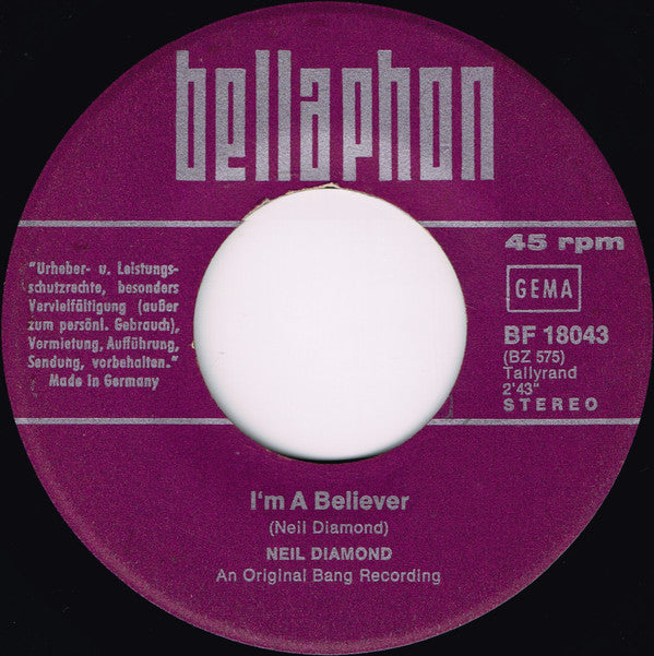 Neil Diamond : I'm A Believer (7",45 RPM,Single,Stereo)