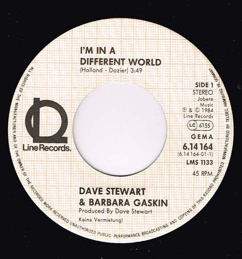 Dave Stewart & Barbara Gaskin : I'm In A Different World (7",45 RPM,Single,Stereo)