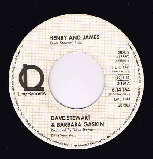 Dave Stewart & Barbara Gaskin : I'm In A Different World (7",45 RPM,Single,Stereo)