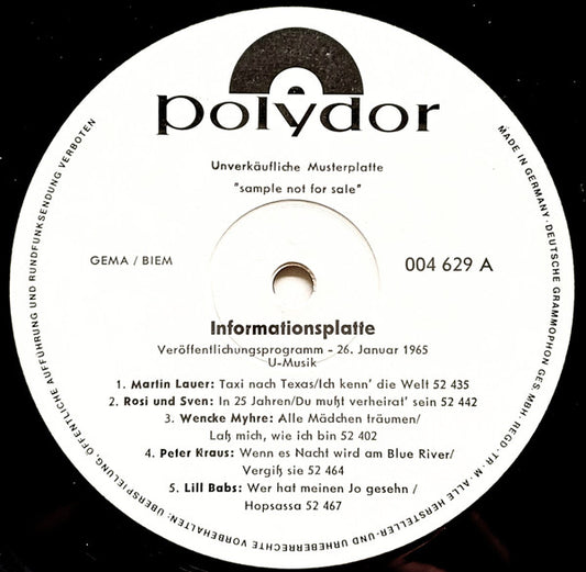 Various : Informationsplatte Veröffentlichungsprogramm - 26. Januar 1965 U-Musik/ Veröffentlichungsprogramm - Januar 1965 U-Musik (LP,Compilation,Promo)