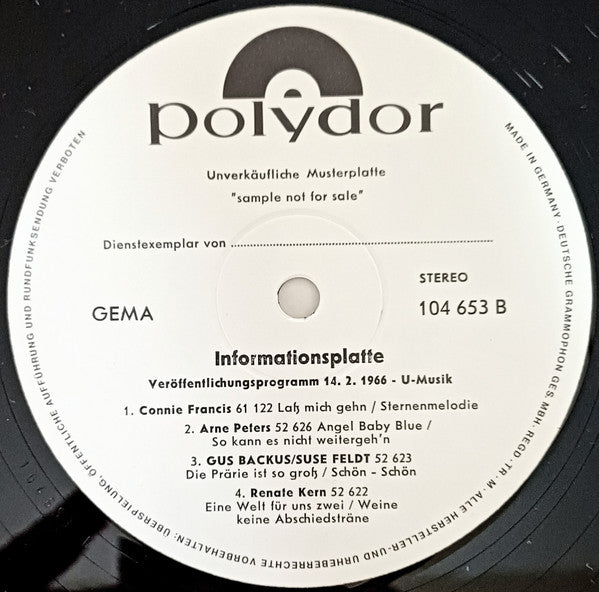 Various : Informationsplatte Veröffentlichungsprogramm 14. 2. 1966 - U-Musik (LP,Compilation,Promo,Stereo)