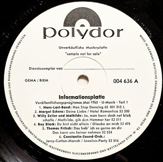 Various : Informationsplatte  Veröffentlichungsprogramm Mai 1965 - U-Musik - Teil 1 (LP,Compilation,Promo)