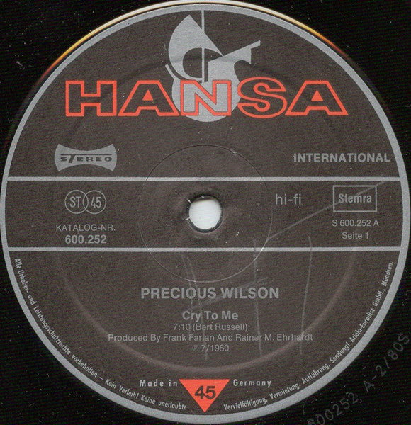 Precious Wilson : Cr-Cr-Cr-Cry To Me (12",Single,45 RPM)