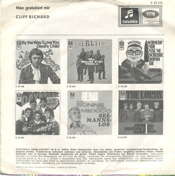 Cliff Richard : Man Gratuliert Mir (Congratulations) (7",45 RPM,Single)