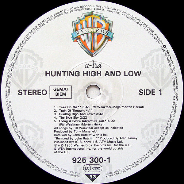 a-ha : Hunting High And Low (LP,Album,Stereo)