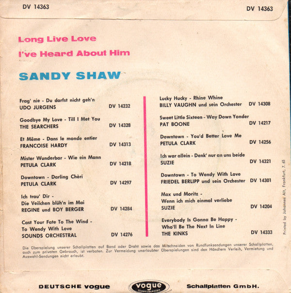 Sandie Shaw : Long Live Love (7",Single,45 RPM)