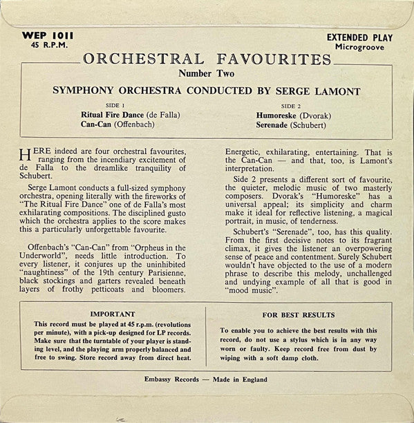 Serge Lamont : Orchestral Favourites No.2 (7",EP,45 RPM)