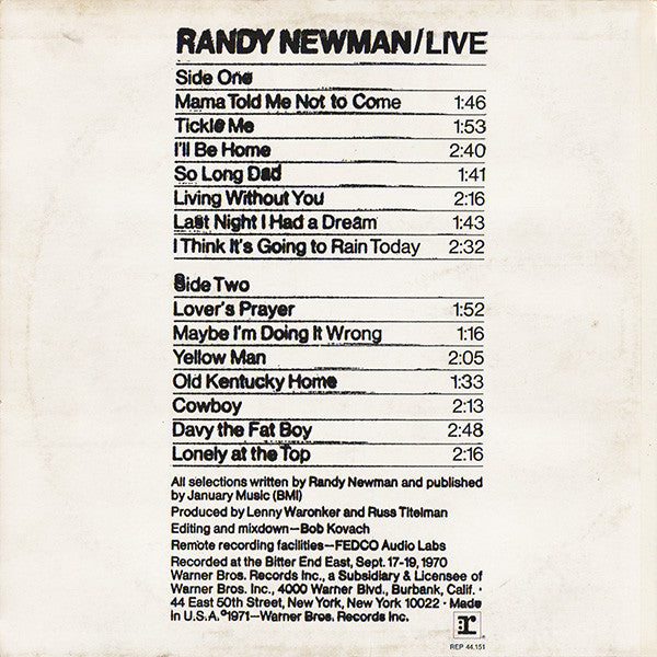 Randy Newman : Live (LP,Album,Reissue)