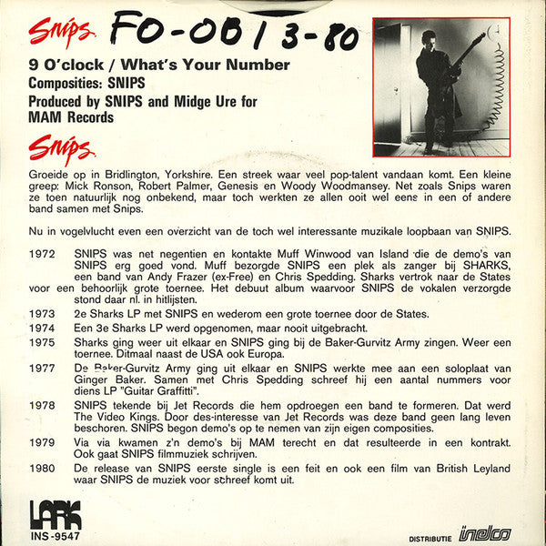 Snips : 9 O'Clock (7",Single,45 RPM)