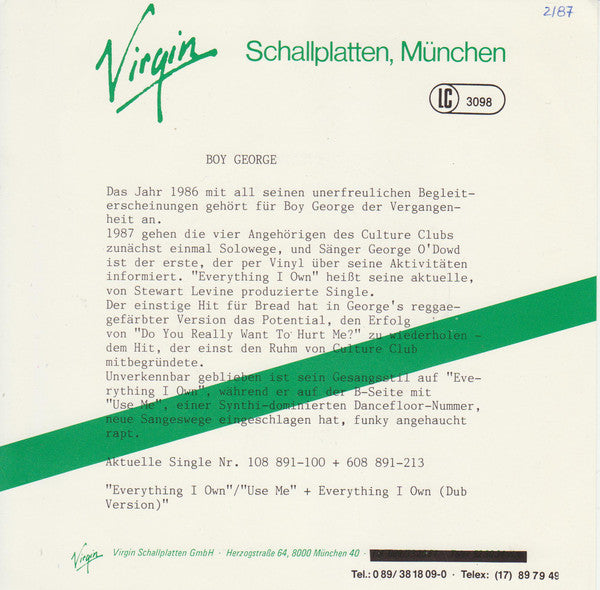 Boy George : Everything I Own (7",45 RPM,Single,Stereo)