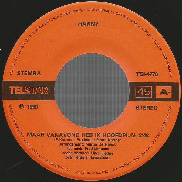 Hanny (2) : Maar Vanavond Heb Ik Hoofdpijn (7",45 RPM,Single)