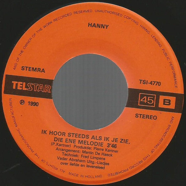 Hanny (2) : Maar Vanavond Heb Ik Hoofdpijn (7",45 RPM,Single)