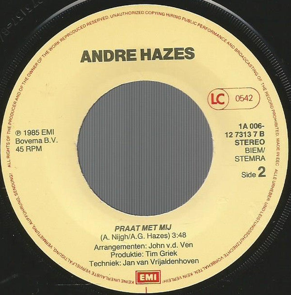 André Hazes : Al Jouw Woorden Zijn Te Veel (7",45 RPM,Single,Stereo)