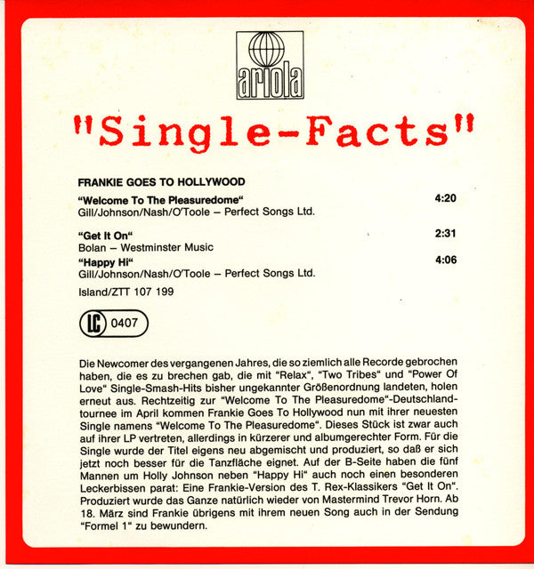 Frankie Goes To Hollywood : Welcome To The Pleasuredome (7",45 RPM,EP,Stereo)