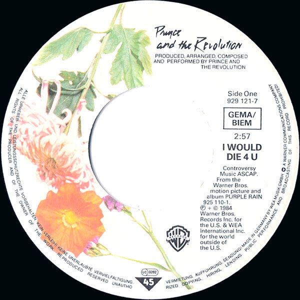 Prince And The Revolution : I Would Die 4 U (7",45 RPM,Single)