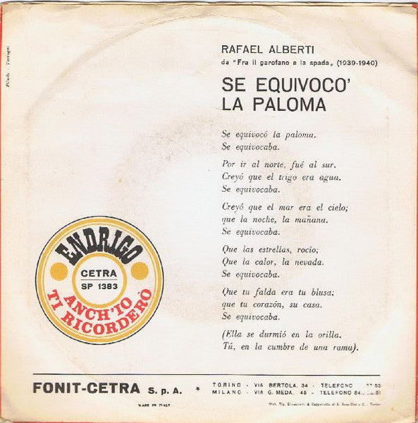 Sergio Endrigo : La Colomba  (7",45 RPM)