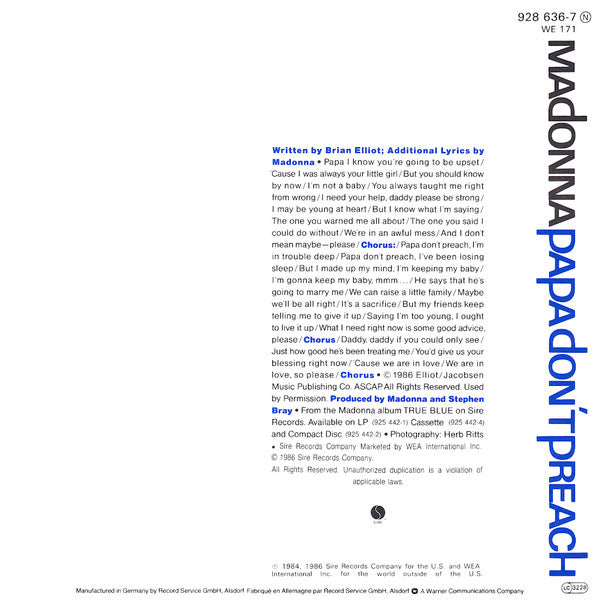 Madonna : Papa Don't Preach (7",45 RPM,Single,Stereo)