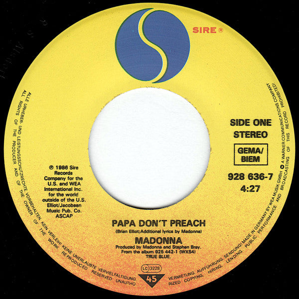Madonna : Papa Don't Preach (7",45 RPM,Single,Stereo)