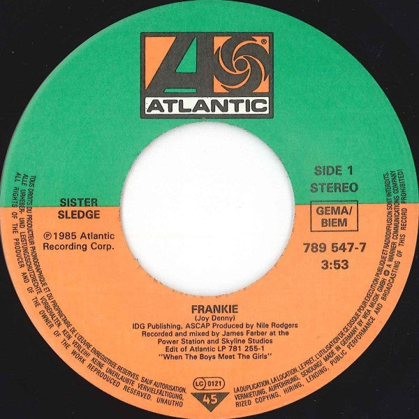 Sister Sledge : Frankie (7",45 RPM,Single,Stereo)