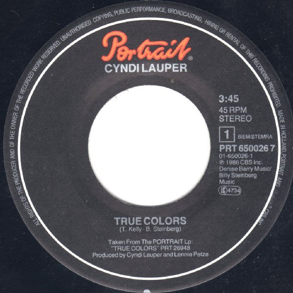 Cyndi Lauper : True Colors (7",45 RPM,Single,Stereo)