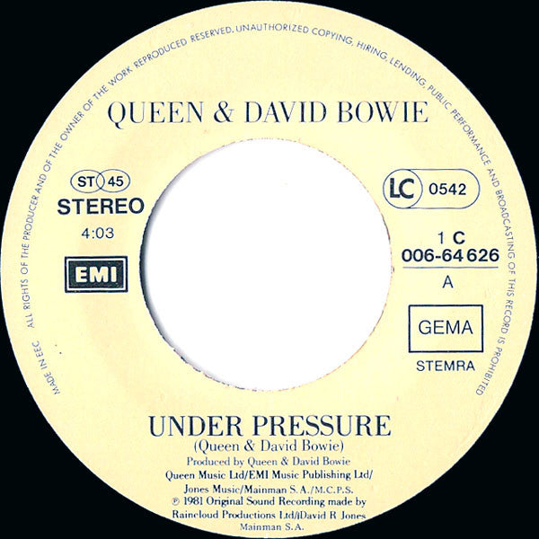 Queen & David Bowie : Under Pressure (7",45 RPM,Single,Stereo)