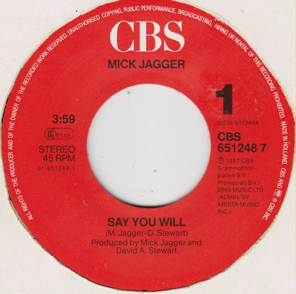 Mick Jagger : Say You Will (7",45 RPM,Single,Stereo)