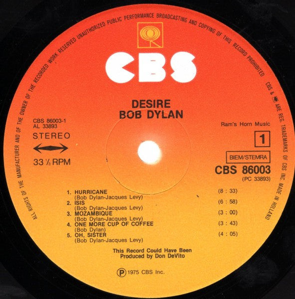 Bob Dylan : Desire (LP,Album,Stereo)
