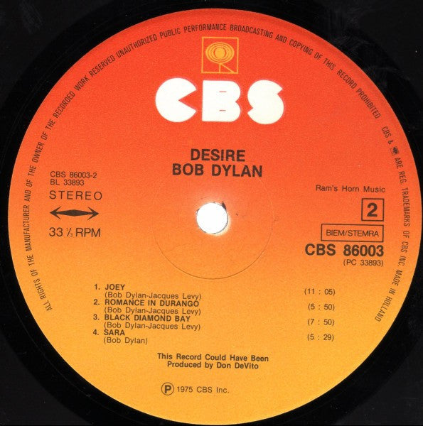 Bob Dylan : Desire (LP,Album,Stereo)