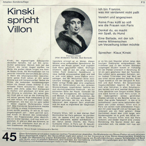 Klaus Kinski Spricht François Villon : Kinski Spricht Villon (7",EP)