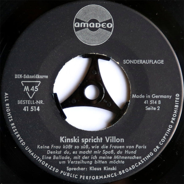 Klaus Kinski Spricht François Villon : Kinski Spricht Villon (7",EP)
