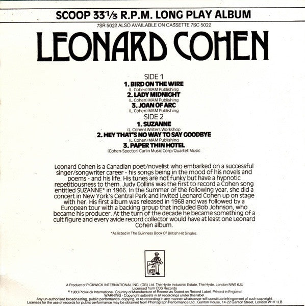 Leonard Cohen : Leonard Cohen (LP,7",Album,Compilation)