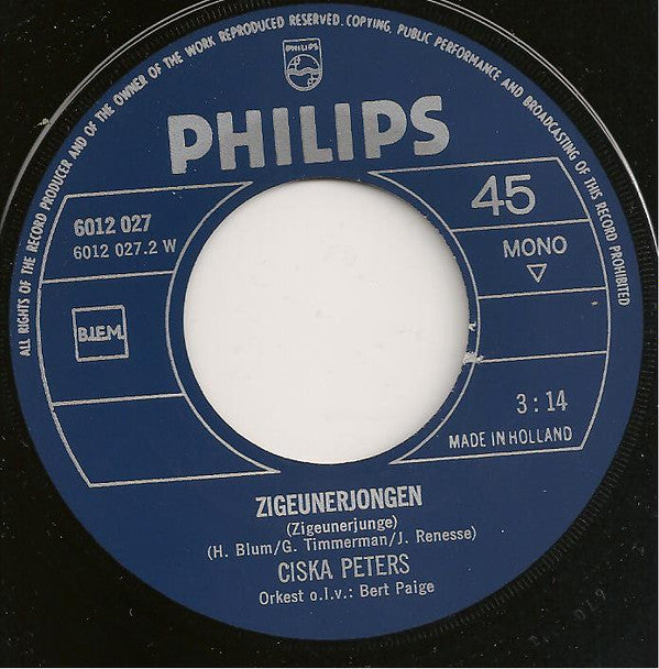 Ciska Peters : De Meiden Van De Kermis / Zigeunerjongen (7",45 RPM,Single,Mono)