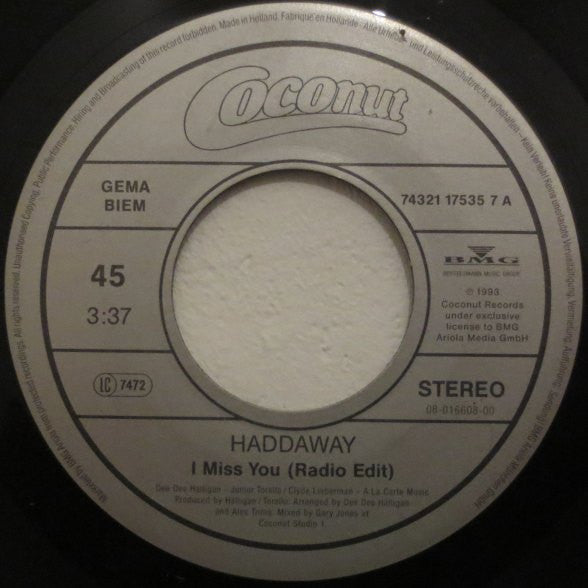 Haddaway : I Miss You (7",45 RPM,Single)