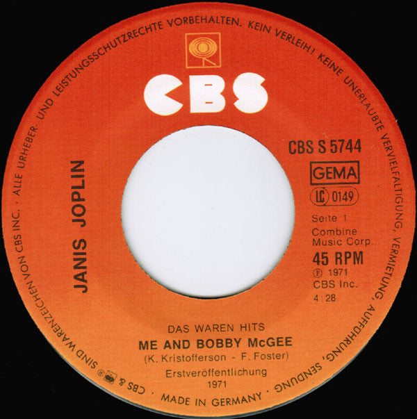 Janis Joplin : Me And Bobby McGee / Piece Of My Heart  (7",45 RPM,Single)