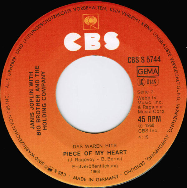 Janis Joplin : Me And Bobby McGee / Piece Of My Heart  (7",45 RPM,Single)