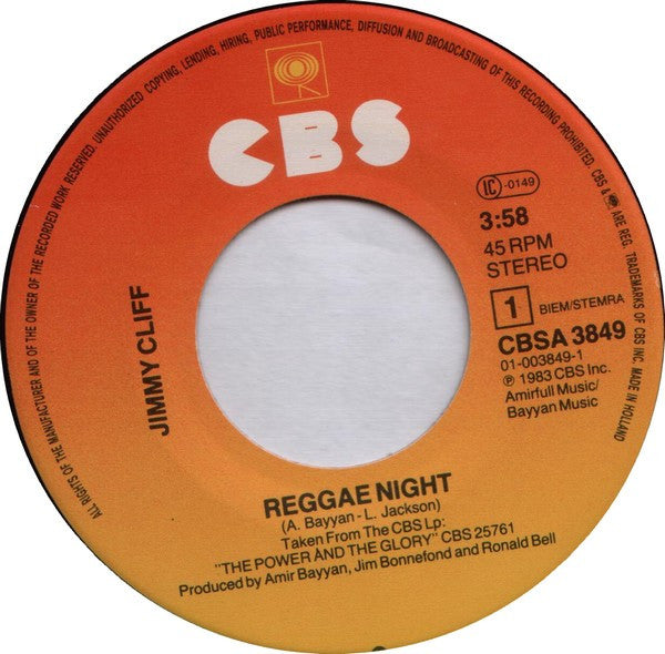 Jimmy Cliff : Reggae Night (7",45 RPM,Single,Stereo)